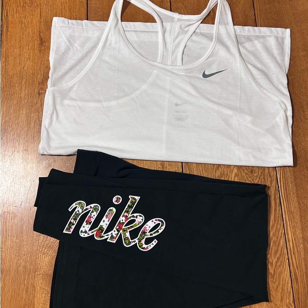 Nike White Top and Black Leggings with Floral Logo
